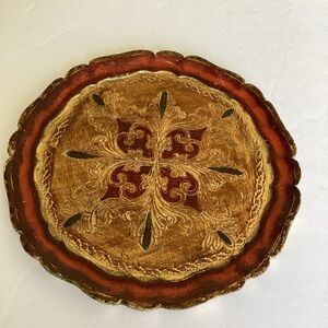 Vintage Italian Florentine Carved Wood Tray Red & Gold Finish